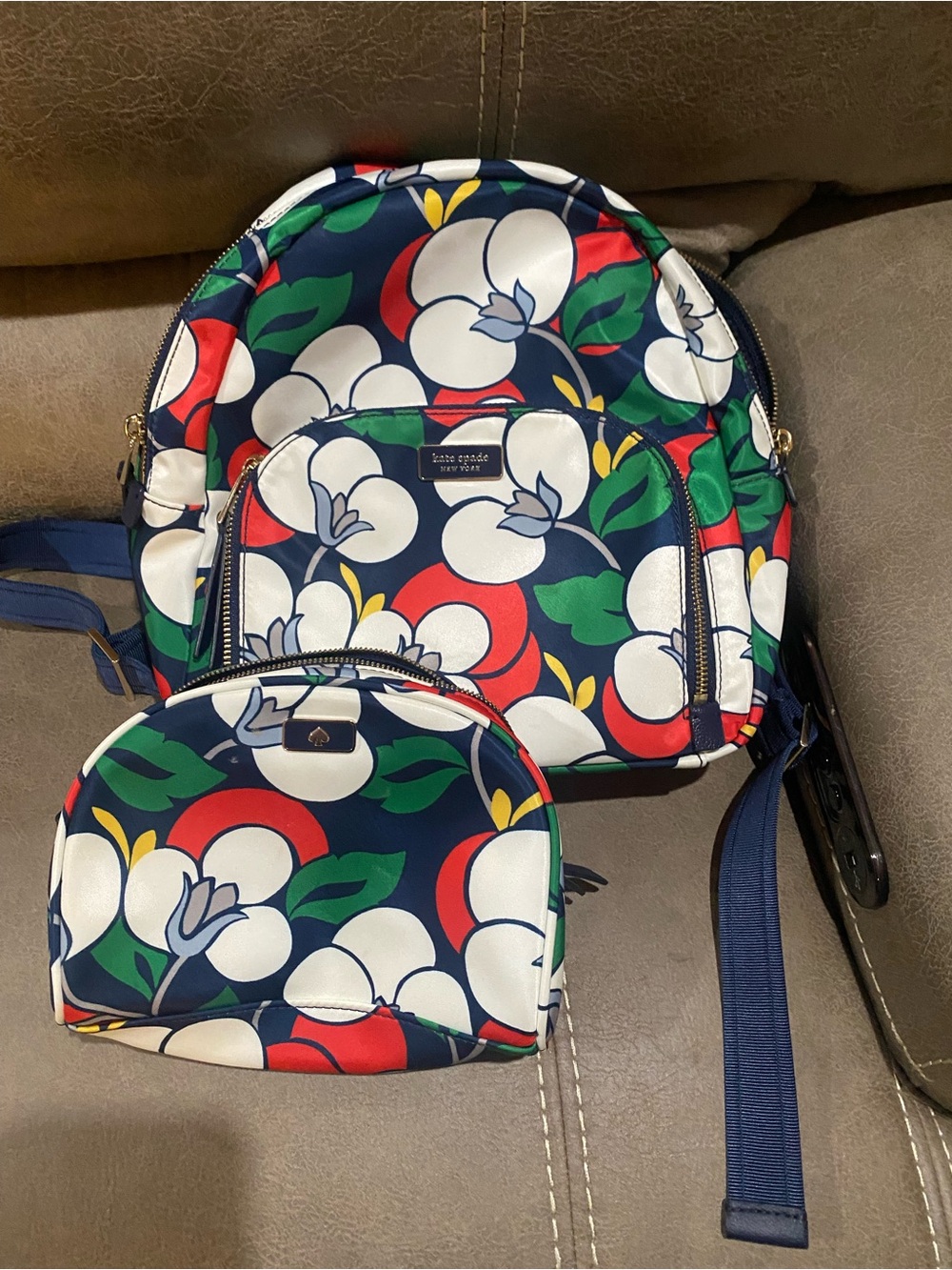 Kate Spade Dawn Breezy Backpack And Small Bag Set Floral Design Lined In Dk Blue